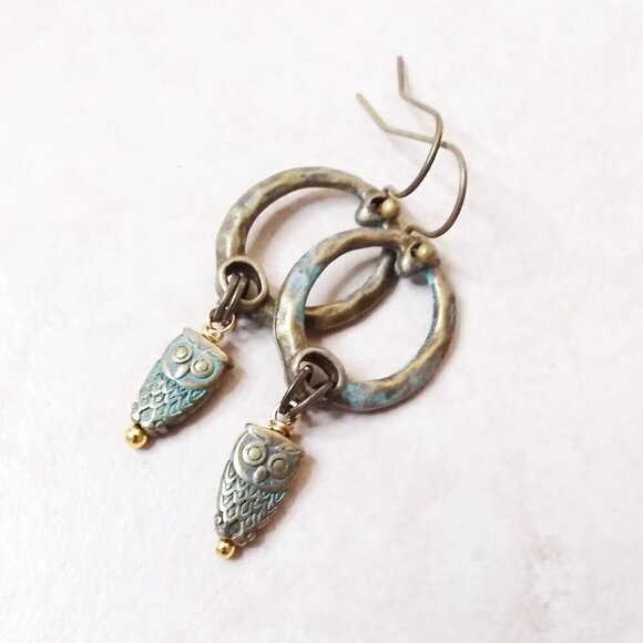 Handmade Owl Dangle Earrings!!! Shorter Patina Painted Bronze Owls - Bird Lovers - Picture 1 of 6